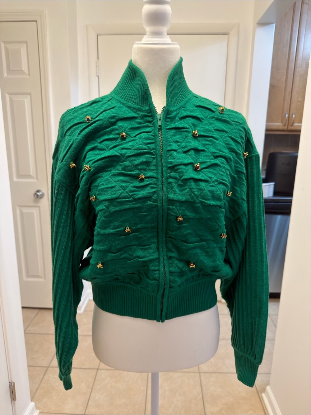 Ungaro Green Embellished Zip-Up Bomber Jacket